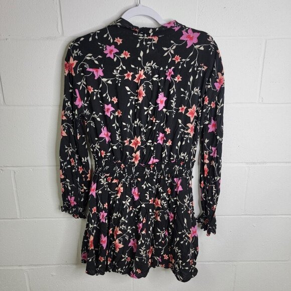 Free People Lighten Up Mini Dress Black Floral Long Sleeve Boho Size Small Fairy - Picture 3 of 10